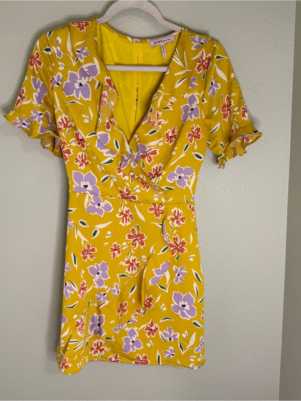 BCBGeneration Yellow Floral Mini Dress with Lavender & Red Blooms